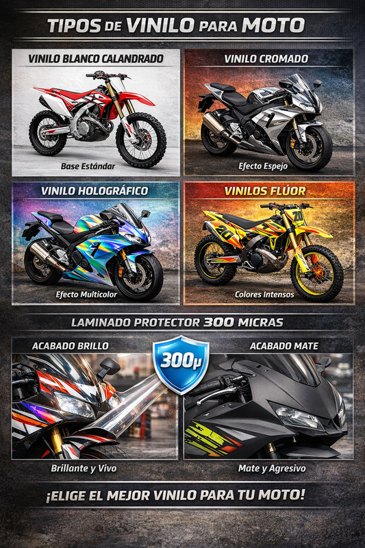 🏍️ ¿Qué vinilo es mejor para tu moto? Guía completa de materiales (cromado, holográfico, flúor y más)