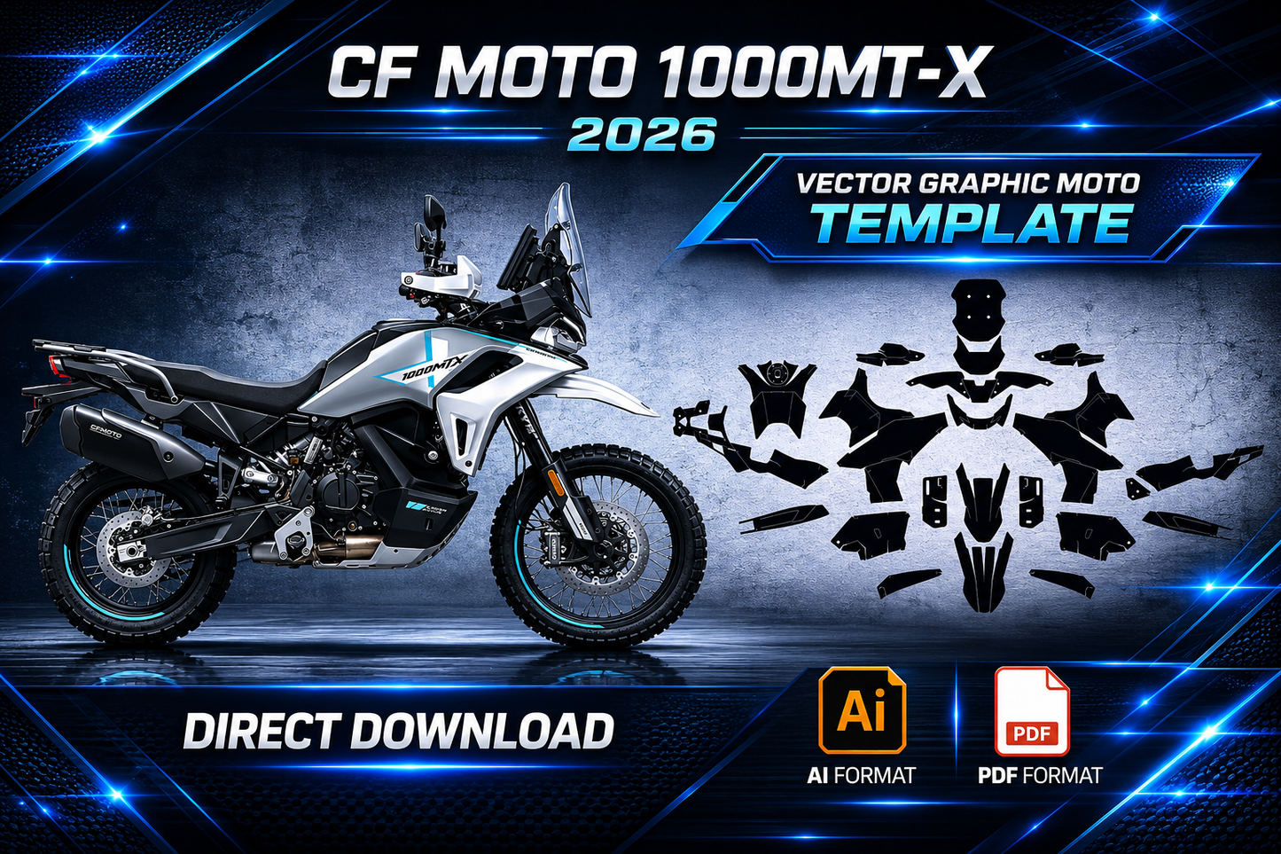 Plantilla vectorial CF Moto 1000MT-X 2026 con moto y diseño de kit gráfico