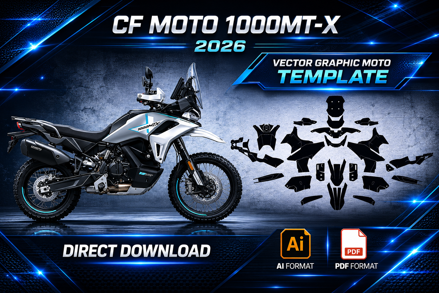 Plantilla vectorial CF Moto 1000MT-X 2026 con moto y diseño de kit gráfico