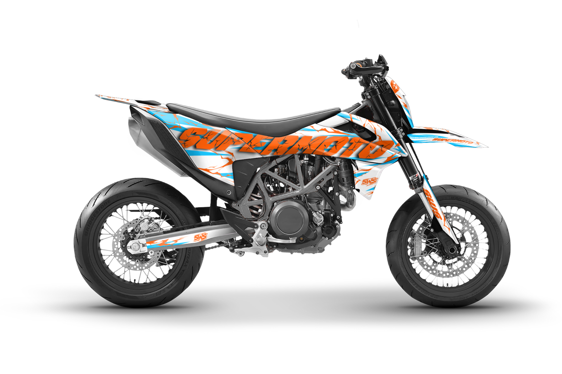 Kit de vinilos para KTM 690 SMC R Slayer CYAN con diseño exclusivo, ajuste perfecto y materiales premium resistentes a uso intensivo.