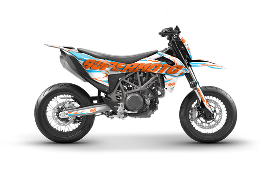 Kit de vinilos para KTM 690 SMC R Slayer CYAN con diseño exclusivo, ajuste perfecto y materiales premium resistentes a uso intensivo.
