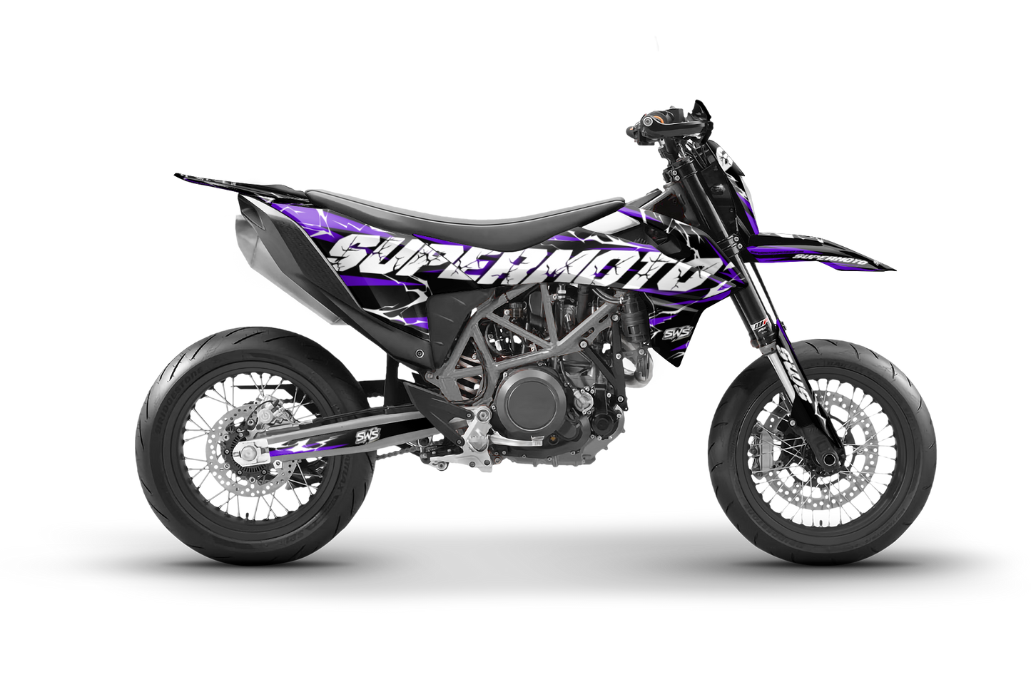 KTM 690 SMC R con vinilos Slayer PURPLE estilo agresivo y moderno