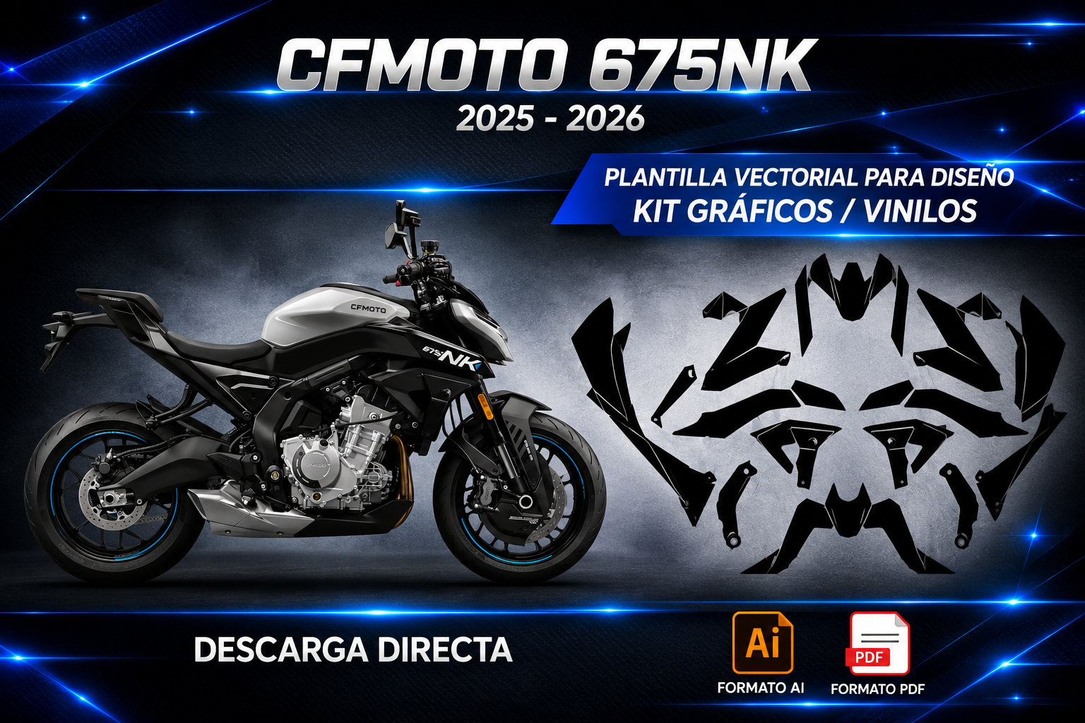 Plantilla vectorial CFMOTO 675NK 2025-2026 para diseño de kits gráficos y vinilos en formato AI y PDF