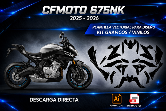 Plantilla vectorial CFMOTO 675NK 2025-2026 para diseño de kits gráficos y vinilos en formato AI y PDF