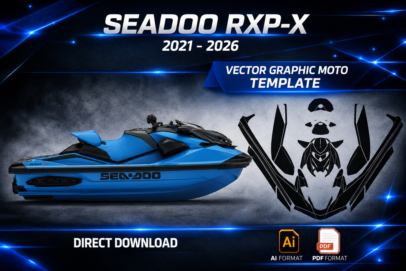Plantilla vectorial Sea-Doo RXP-X 2021-2026 para diseño de kits gráficos en formato AI y PDF